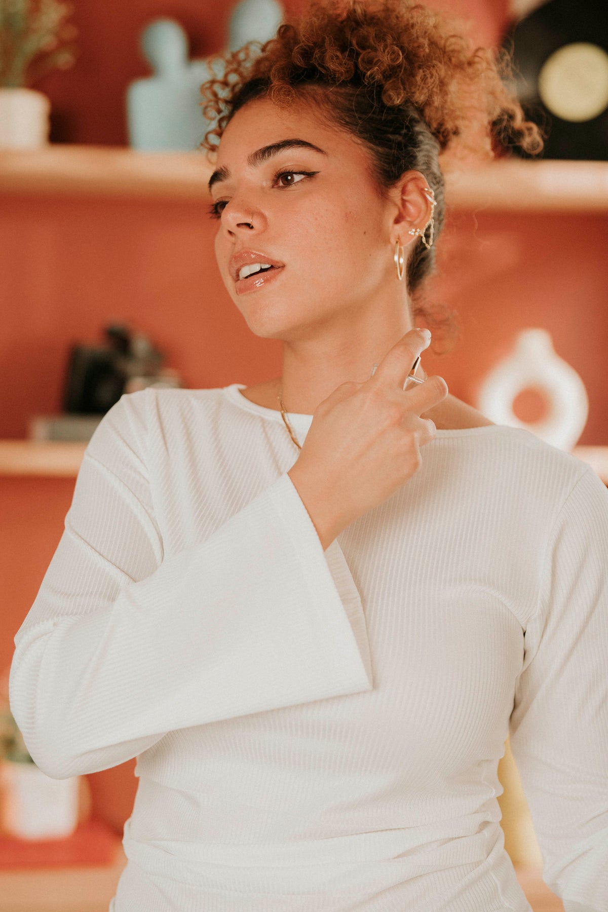 Ribbed Cotton Boat Neck Bell Sleeve Top